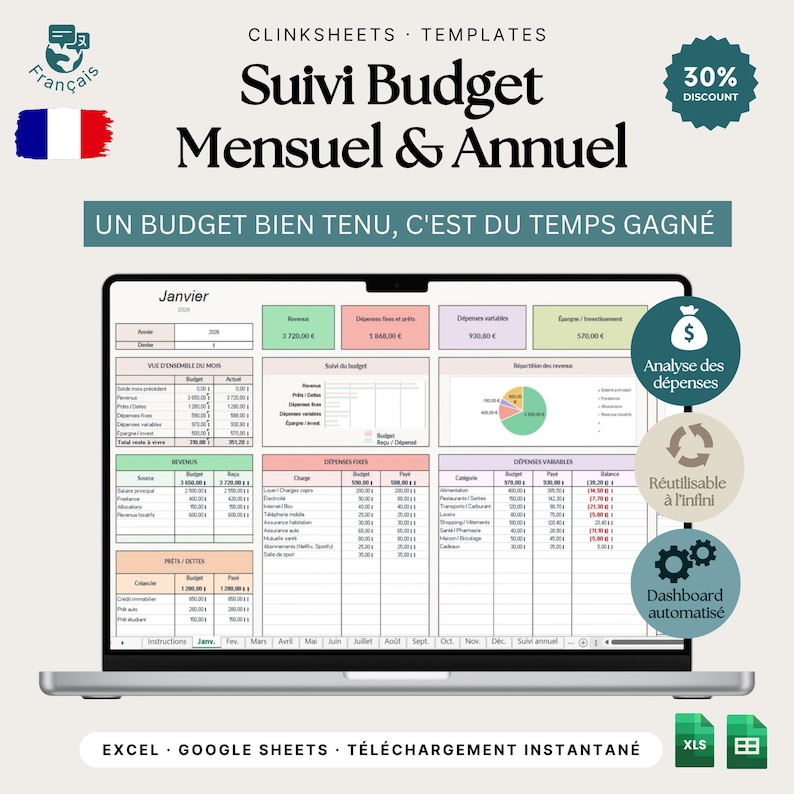 K&ouml;nnte beinhalten: Ein Laptop-Bildschirm zeigt eine franz&ouml;sische Monats- und Jahresbudgetvorlage. Die Vorlage enth&auml;lt Abschnitte f&uuml;r Einnahmen, Ausgaben und ein Dashboard. Der Text enth&auml;lt "Suivi Budget Mensuel & Annuel" und "Un budget bien tenu, c'est du temps gagn&eacute;."