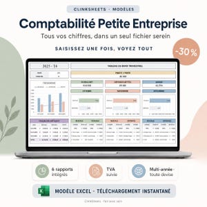 May include: A laptop screen displaying a small business accounting spreadsheet template titled Comptabilité Petite Entreprise. The dashboard includes quarterly financial data, bar charts, profit and loss tables, and expense tracking for October, November, and December.