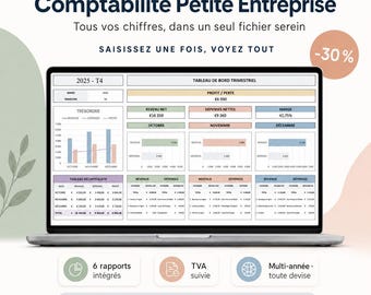May include: A laptop screen displaying a small business accounting spreadsheet template titled Comptabilité Petite Entreprise. The dashboard includes quarterly financial data, bar charts, profit and loss tables, and expense tracking for October, November, and December.