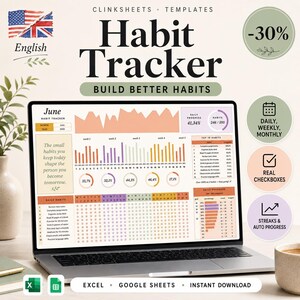 Peut inclure: Un modèle numérique de suivi des habitudes affiché sur un écran d'ordinateur portable, avec des graphiques, des barres de progression et des listes de contrôle pour juin. L'interface inclut Habit Tracker, Build Better Habits et Daily Progress.