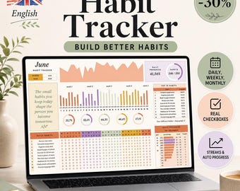 May include: A digital habit tracker template displayed on a laptop screen, featuring charts, progress bars, and checklists for June. The interface includes text like Habit Tracker, Build Better Habits, and Daily Progress, with Excel and Google Sheets icons.