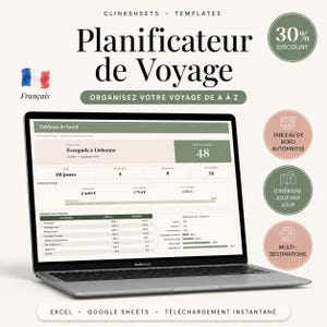 Könnte beinhalten: Ein silbernes MacBook Air mit einer französischen Reiseplaner-Tabelle. Der Bildschirm zeigt eine Reiseroute mit Budgetdetails. Text enthält "Planificateur de Voyage" und "Organisez votre voyage de A à Z."