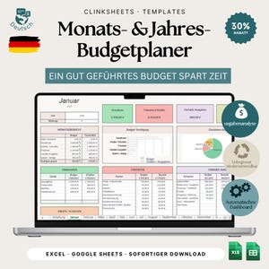 Puede incluir: Una pantalla de portátil muestra una plantilla de planificador de presupuesto con el texto "Monats- & Jahres-Budgetplaner". La interfaz incluye secciones para ingresos, gastos y un panel. El diseño incorpora colores pastel y datos financieros.