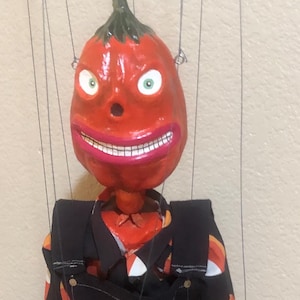 Vintage Style Pumpkin-headed Marionette “Jeff O’Lantern” hand sculpted, carved, painted and sewn marionette puppet. No 3D printed parts!
