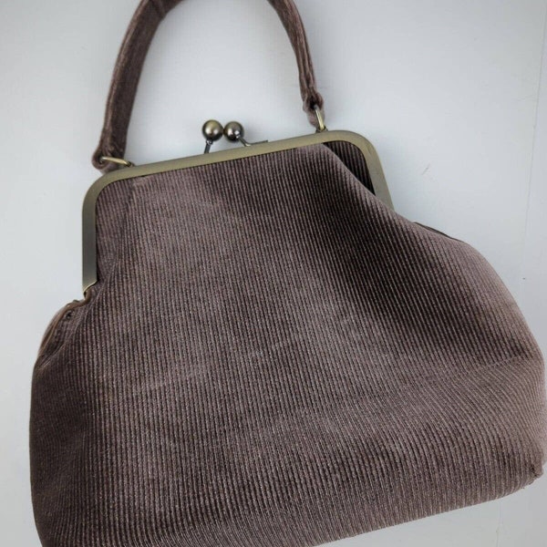 Anthropologie Velvet Corduroy Kiss-Clasp Handbag Purse Gray Rose