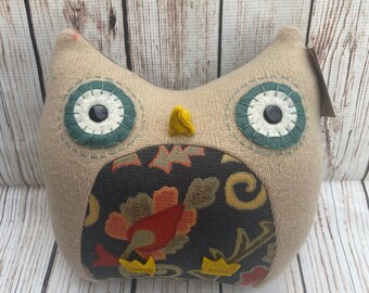 Soft Sculpture Owl Pillow Handmade from Reclaimed Upcycled Textiles