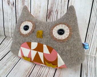 Soft Sculpture Owl Pillow Handmade from Reclaimed Upcycled Textiles