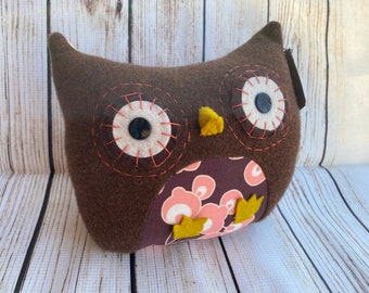 Soft Sculpture Owl Pillow Handmade from Reclaimed Upcycled Textiles