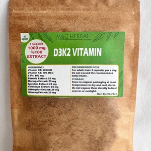 VITAMINA D3K2 + ESTRATTI DI ERBE - 60 Capsule 60.000MG - Estratto 100% Puro e Naturale - Formula Potente - Migliore Qualità