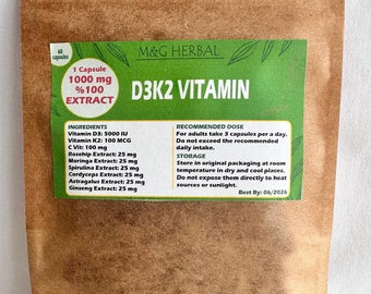 Vitamina D3K2 + Extractos de hierbas - 60 cápsulas 60.000 mg - Extracto 100% puro y natural - Fórmula potente - Máxima calidad