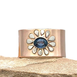 14K Montana Sapphire Ring, Untreated Blue Sapphire Statement Ring, One of a Kind, Wide Floral Ring, Botanical Ring, SOLID Rose Gold