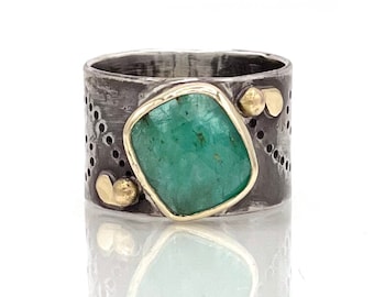 Emerald Statement Ring, Wide Band Emerald Ring, 14K Solid Yellow, Sterling Silver, As seen on Halle Berry