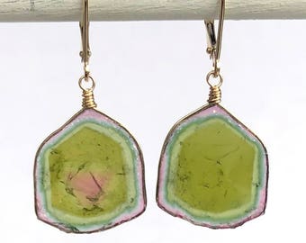 Watermelon Tourmaline Earrings, Brazil Tourmaline Slice Earrings - 14K solid gold, AAA, Large and RARE  Collectors Specimens