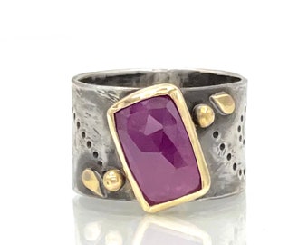 Ruby Statement Ring, Wide Band Ruby Ring, 14K Solid Yellow, Sterling Silver, As seen on Halle Berry