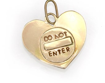 14K Large Heart Pendant, Handmade Enter and DO NOT ENTER Road Sign Heart Charm in Solid Gold