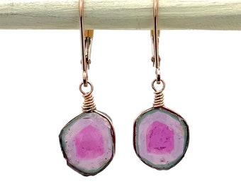 14K Tourmaline Earrings, SOLID Rose Gold, Bright Watermelon Tourmaline Slice Earrings, OOAK Earrings, October Birthstone