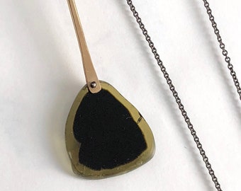 Watermelon Tourmaline Necklace, Large Yellow Brown Tourmaline Slice Necklace - Oxidized sterling & Yellow Gold, October Birthstone