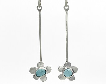 Blue Tourmaline Flower Earrings, Tourmaline Drop Earrings, Solid Sterling Silver -One of a kind