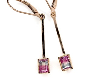 14K Bicolor Tourmaline Earrings, Pink Blue Tourmaline Earrings, Geometric Drop Earrings, 14K Solid Rose Gold
