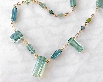 18K Blue Tourmaline Necklace, Blue Bicolor Gemstone Necklace, Multi Tourmaline Statement Necklace, SOLID Yellow Gold, Luxury Gift for Her