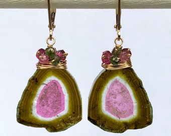 14K Large Watermelon Tourmaline Earrings, Brazilian Tourmaline Slice Statement Earrings, Solid Gold, October Birthstone, Luxury Gift for Her