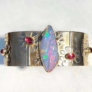14K WIDE Opal Cuff Bracelet, Botanical Solid Gold Bracelet, Hand Forged 14K Yellow Gold Artwork Cuff, Emerald Cuff, Rubellite Tourmaline