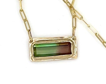 14K Bicolor Tourmaline Necklace, Morro Redondo Tourmaline Bar Necklace, Tourmaline Picture Frame Necklace in 14K Solid Yellow Gold