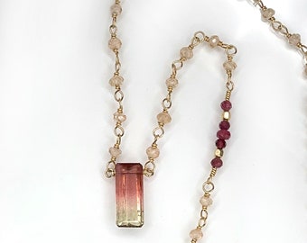 Bicolor Tourmaline Necklace, Rubellite and Peach Tourmaline with Zircon - Gold Filled