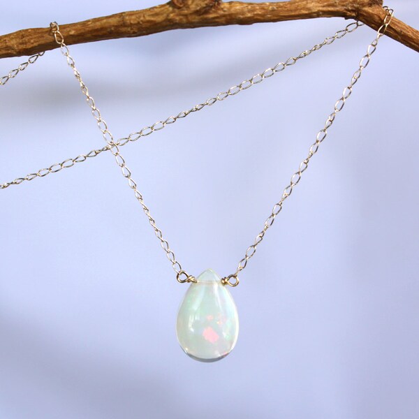 Ethiopian Opal Necklace Solitaire in 14K Solid Gold