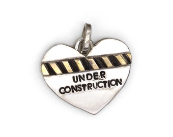 Road Sign Heart Pendant, Large Handmade UNDER CONSTRUCTION Heart Charm in Sterling and 14K