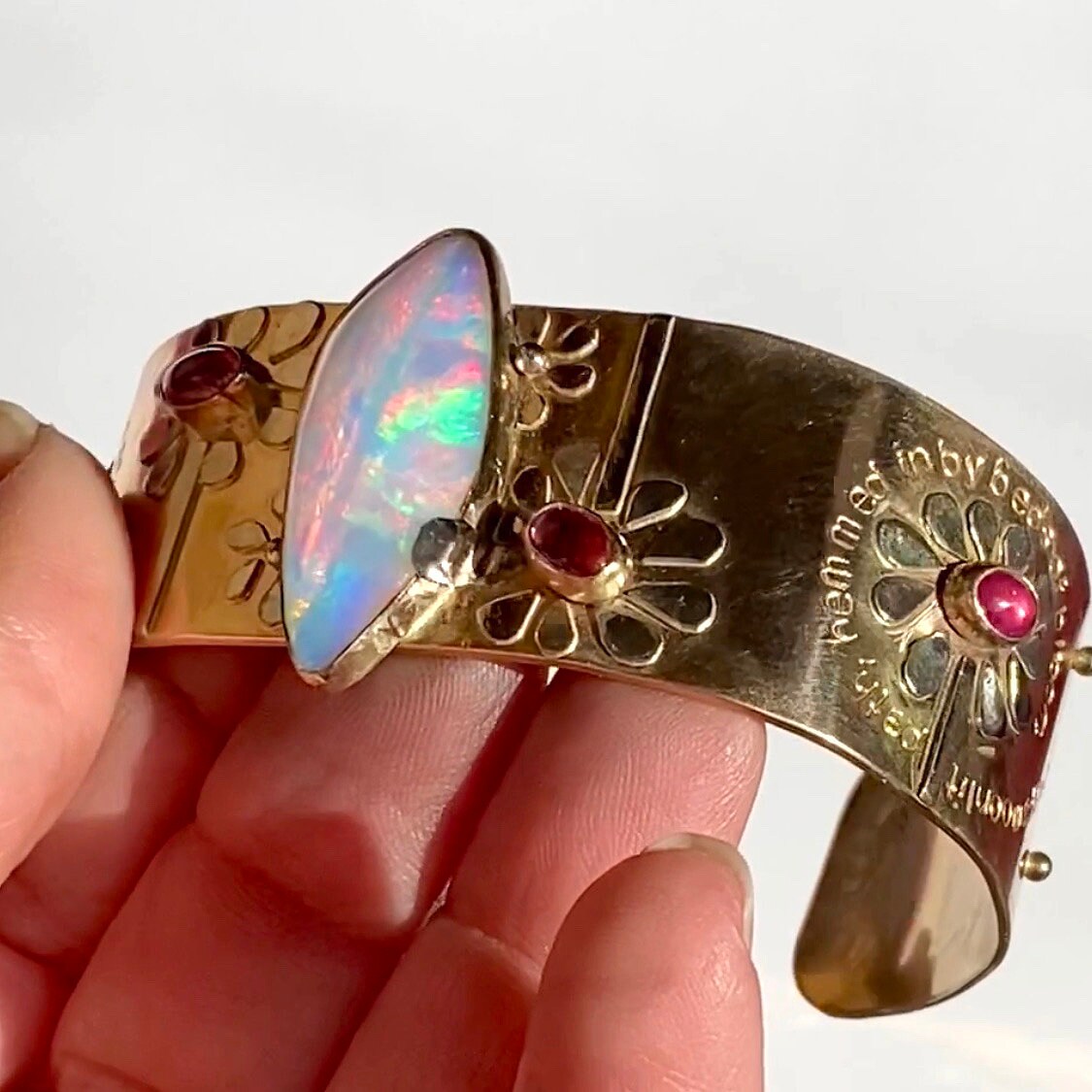 14K WIDE Opal Cuff Bracelet, Botanical Solid Gold Bracelet