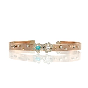 Paraiba Tourmaline and Diamond 14K cuff bracelet, One of a Kind, Solid Rose Gold Bangle, Paraiba Bracelet, Diamond Bracelet, Floral Bracelet