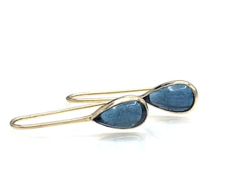 14K Blue Tourmaline Earrings, Long Tourmaline Teardrop Earrings, Solid Yellow Gold Tourmaline Drop Earrings, One of a kind earrings