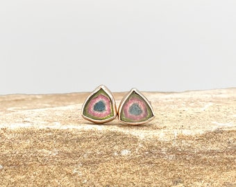 14K Tourmaline Slice Stud Earrings, Blue Pink Green Tourmaline Slice Earrings in 14K Solid Rose Gold, Museum Quality