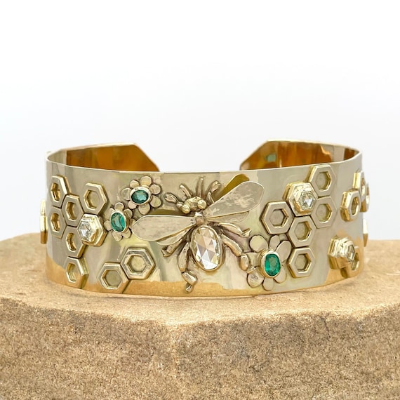 14K WIDE Diamond Cuff Bracelet Botanical Solid Gold Bumblebee