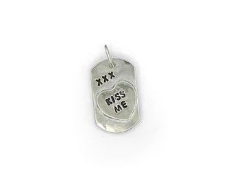 Kiss Me Conversation Heart Dog Tag Necklace, Handmade, Sterling Silver