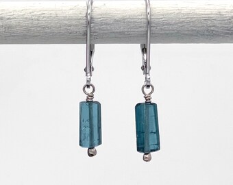 14K Blue Tourmaline Earrings, Solid White Gold