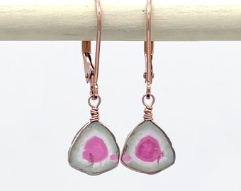 14K Tourmaline Earrings, SOLID Rose Gold, Bright Watermelon Tourmaline Slice Earrings, OOAK Earrings, October Birthstone