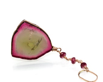 Large Brazilian Tourmaline Slice Charm, One of a kind Tourmaline Pendant in 14k Solid Rose Gold