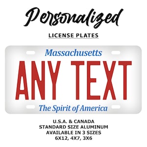 Plaque d'immatriculation personnalisée du Massachusetts | Prénom personnalisé | Texte personnalisé | Les 50 États | 3 tailles | Étiquette de voiture | Plaque moto | Plaque de vélo
