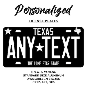 Custom Black Texas License Plate: Personalized Car, Motorcycle, Bicycle Plate