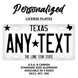 Custom White Texas License Plate : Aluminum Novelty Replica Vehicle Tag, Personalized Name Plate