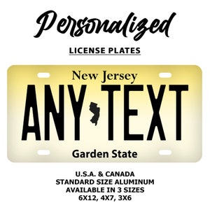 Custom New Jersey License Plate: Personalized Text, Car, Motorcycle, Bicycle