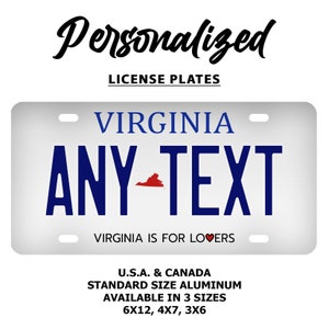 Matrícula de Virginia personalizada: texto personalizado, placa de aluminio para coche