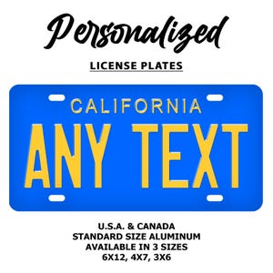 Custom Retro Blue California License Plate | Personalized Name | Custom Text | All 50 States | 3 Sizes | Car Tag | Motorcycle | Bicycle