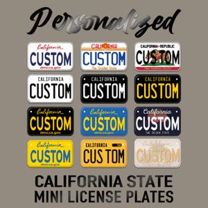 May include: A collection of personalized California mini license plates in various colors and designs. The word "CUSTOM" is prominently displayed on each plate, with the text "California" and "dmv.ca.gov" also visible. The word "Personalized" is at the top.