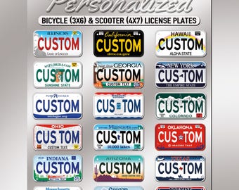 Placa de matrícula estatal personalizada: Placas personalizadas para mini bicicletas y patinetes (3"x6", 4"x7")