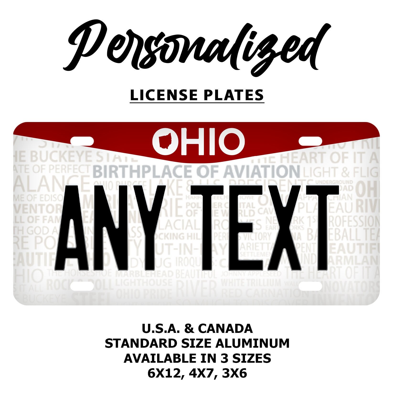 Custom Ohio License Plate : Aluminum Novelty Replica Vehicle Tag, Personalized Name Plate