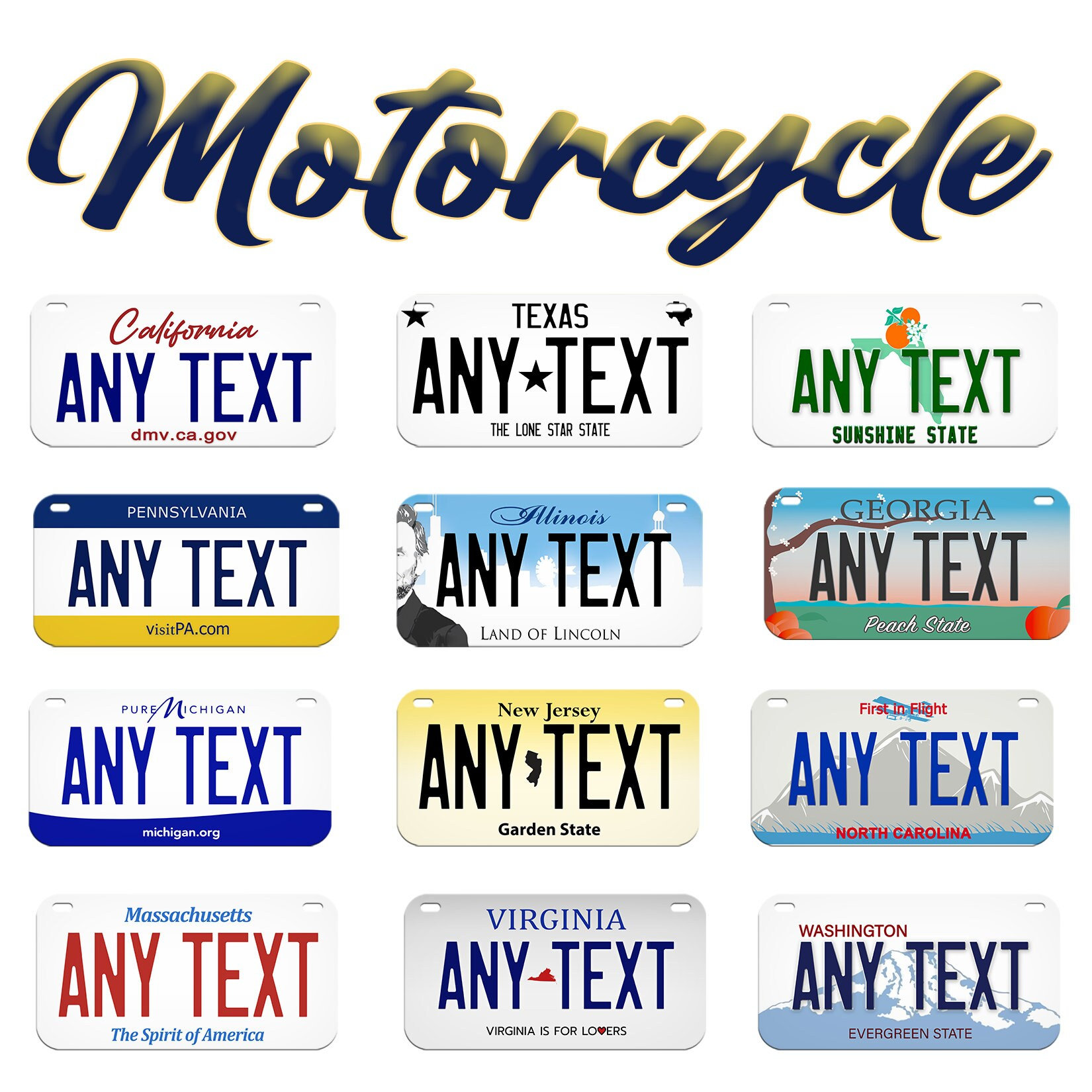 Custom Motorcycle License Plate Personalized Name Customized Text All 50 States 3 Sizes Car Tag
