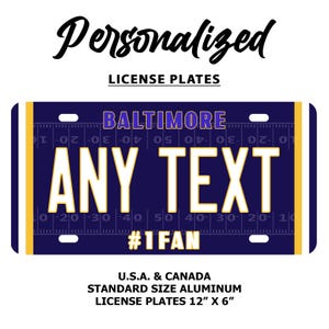Baltimore Ravens Custom Personalized Football License Plate | 3 Sizes Available | 2 Styles |  Car Tag | Motorcycle Plate | Bicycle Plate
